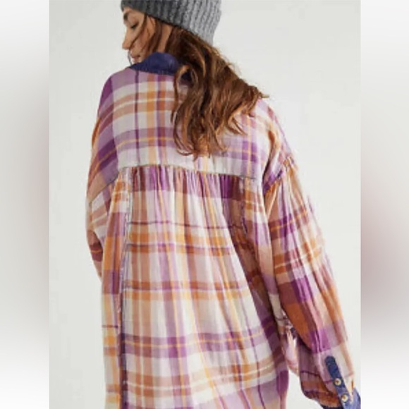 FREE PEOPLE NWT Oversized Olivia Plaid 100% Cotton Flannel Button Down Top - Picture 4 of 12